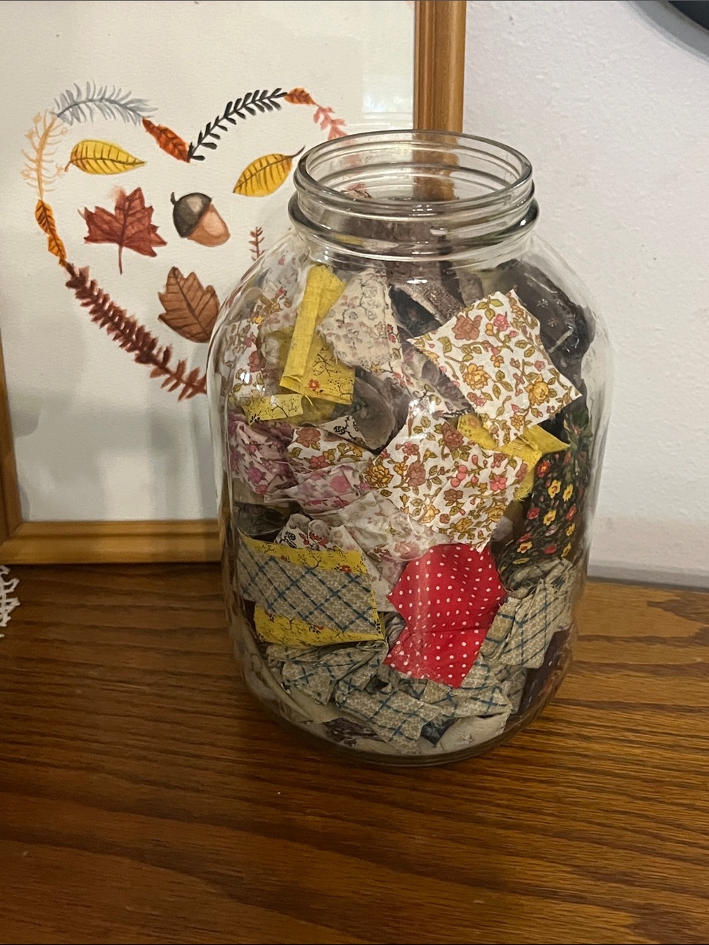 Large Clear Glass gallon Jar Filled with Colorful vintage Fabric snips Scraps